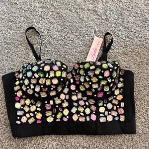 Lydia USA Rhinestone Beaded Push Up Bustier Bra Crop Top Large NEW